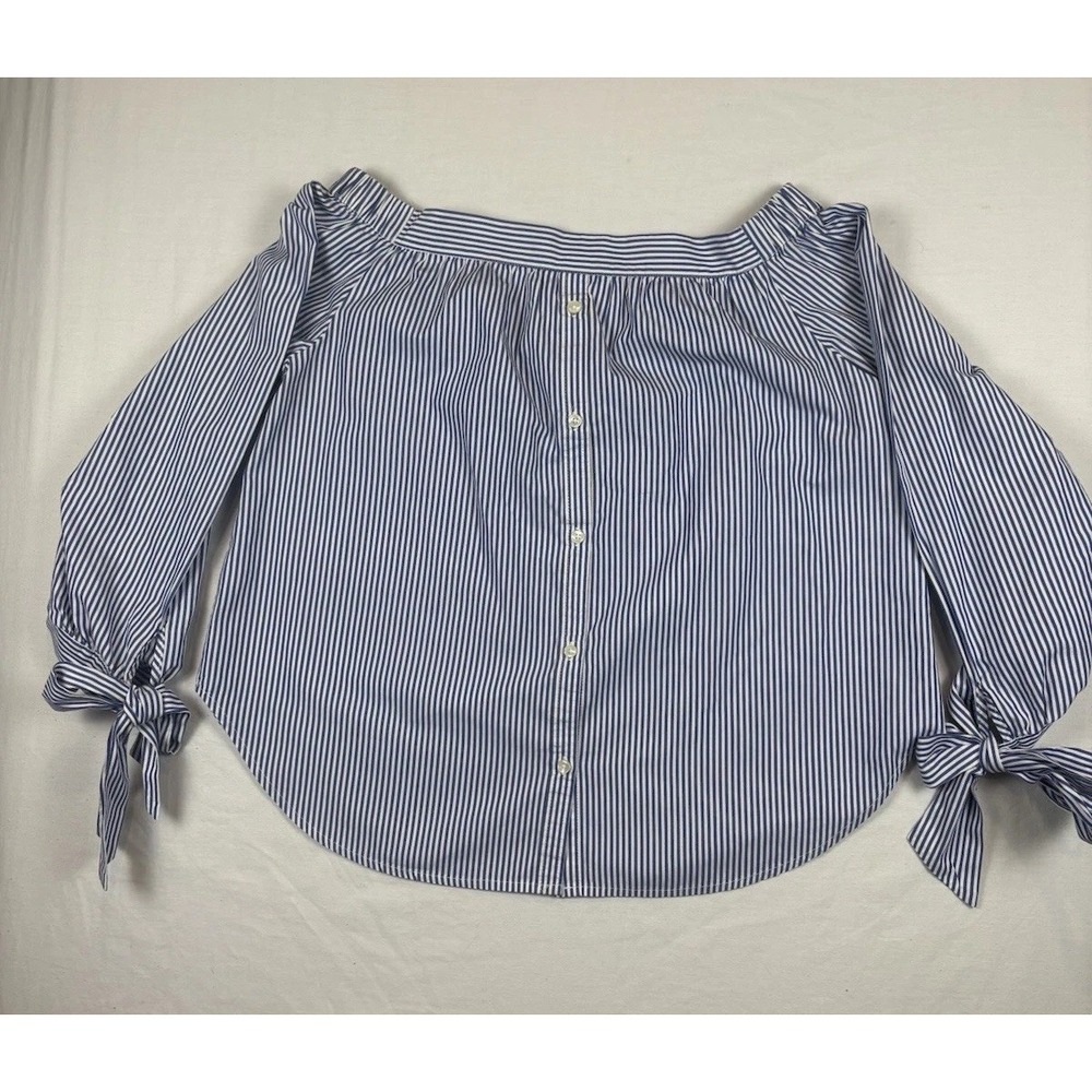 Trovata Birds of Paradise Off The Shoulder Shirt Womens Med  Blue White Striped